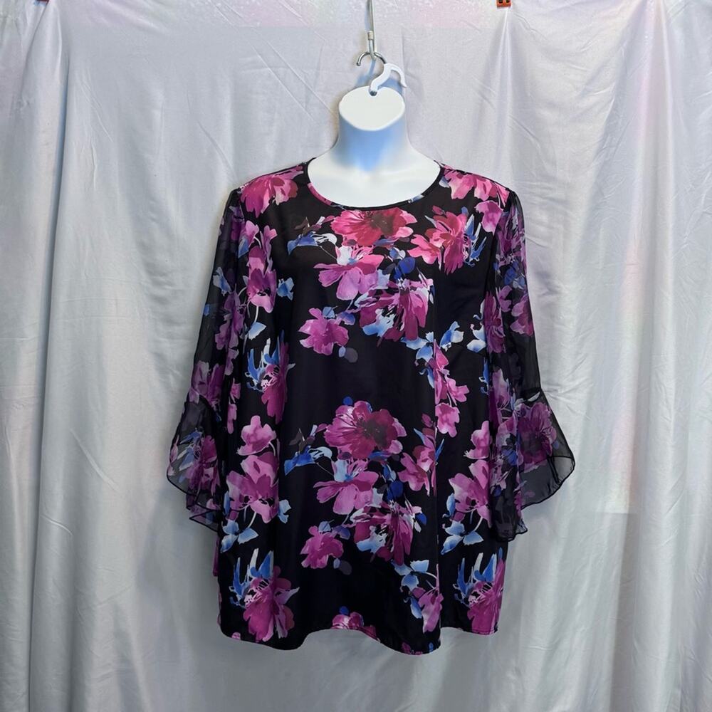 👚 Shein Black Floral Sheer Bell Sleeve Blouse Pink Purple Top Size 22
